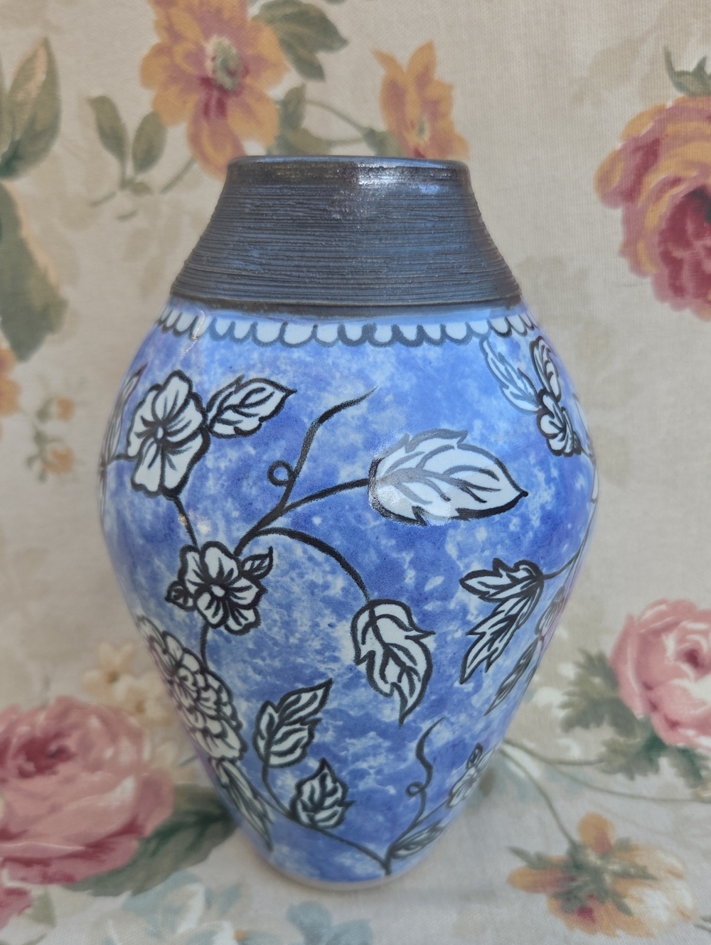 Contemporary Studio Art Blue Floral Ceramic Vase by Peggy Berendt 6. 5"H